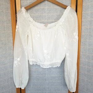 Guess XS White Cassie Crop Top Long Sleeves Embroidered Fairycore Feminine